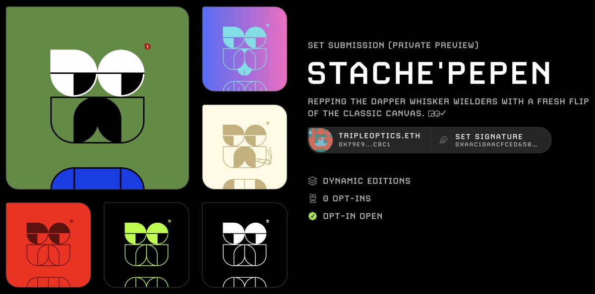 just submitted my first #opepen set!

this is a BIG deal for me!

huge ty @jackbutcher &amp; @jalil_eth for creating this finite canvas for us to play w infinitely!

ty to the artists who submitted &amp; all who were accepted into the permanent collection. you’re truly an inspiration! https://t.co/sFGgXZUDI0