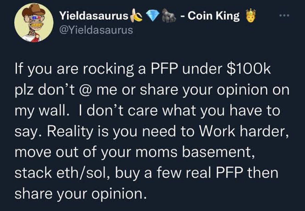 Last cycle we were required to own a $100,000 pfp in order to message people on this app.

With inflation so high and floors so low, what's the requirement going to be this cycle? https://t.co/LBWXi48z79